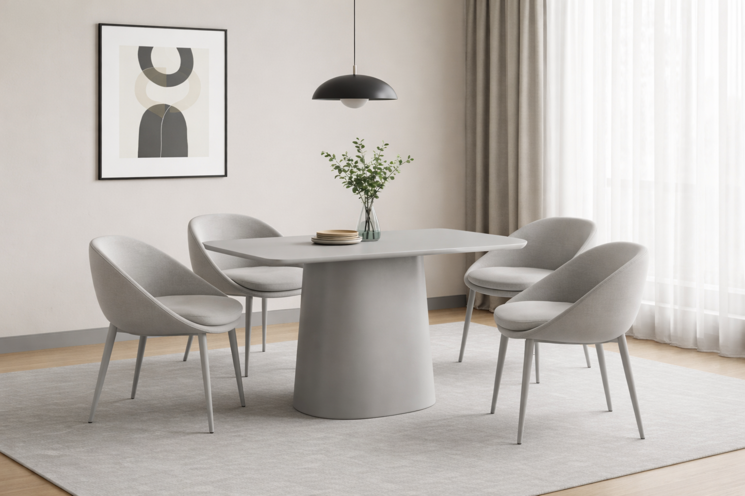 Modern dining room with a grey dining table and four matching chairs.