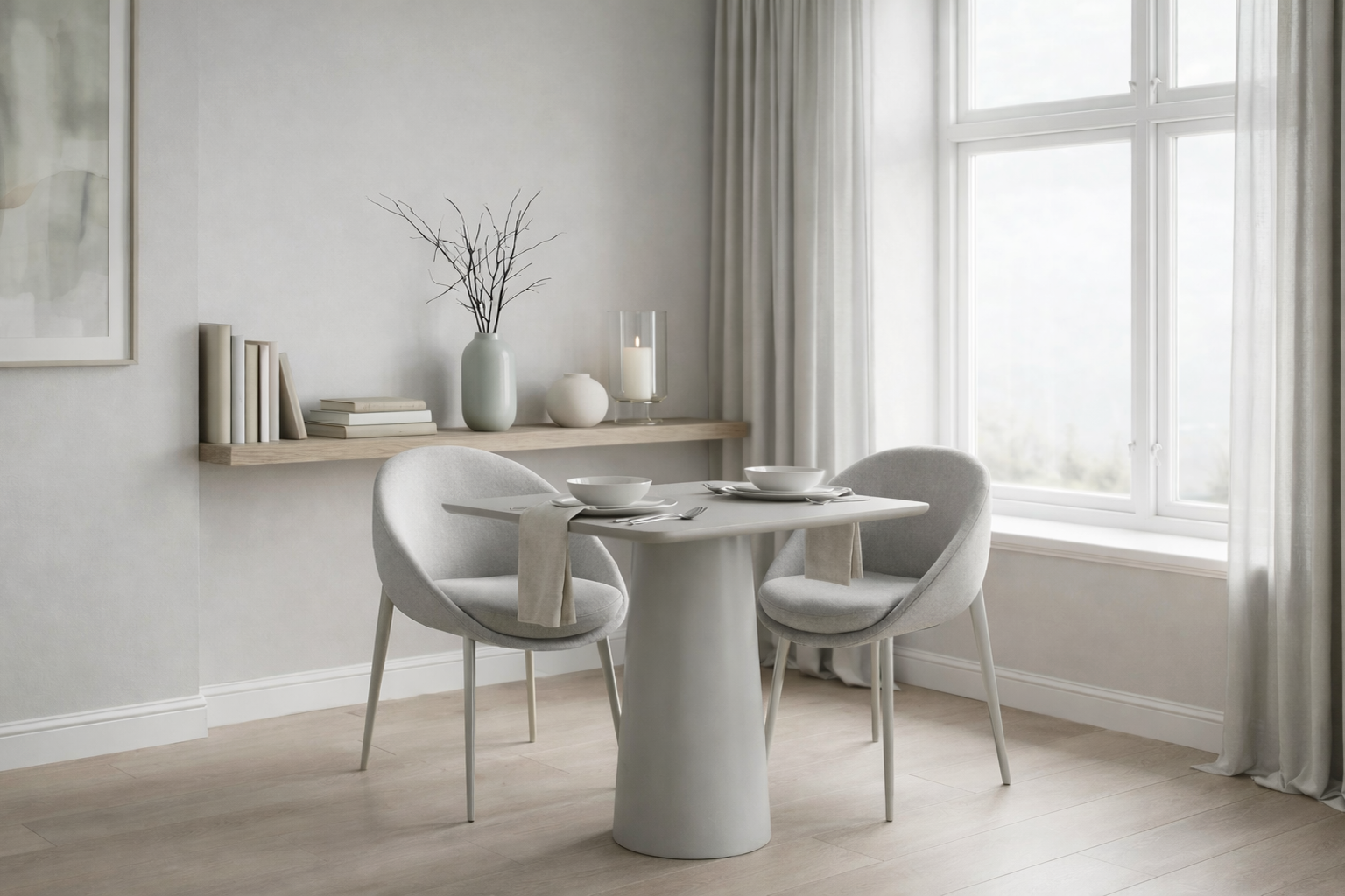 Modern dining room with a grey dining table and 2 matching chairs.