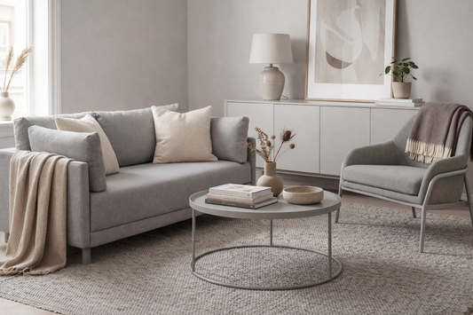 Modern living room with a grey sofa, armchair, tv unit and coffee table.