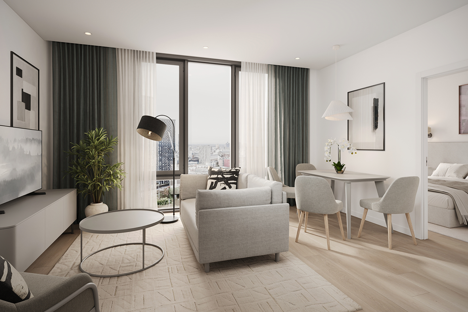 Modern open plan one bedroom apartment in neutral tones featuring a living, dining and bedroom furniture.