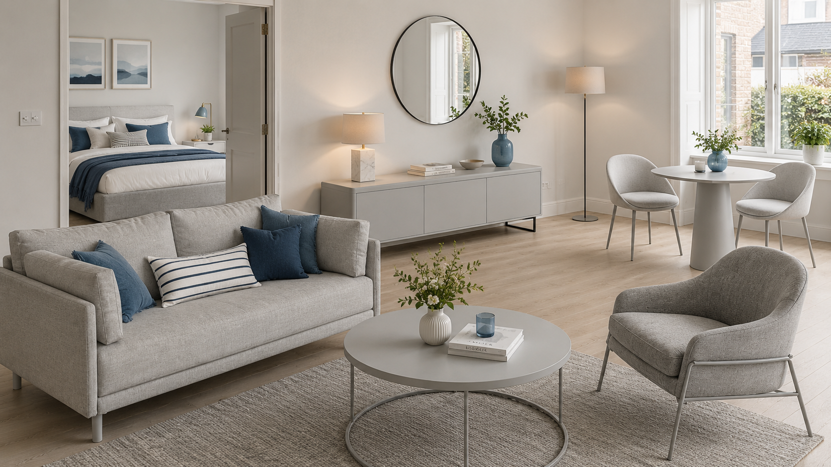 Modern open plan one bed apartment with grey furniture.
