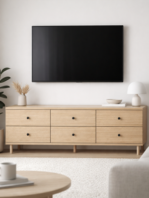 Wooden TV stand with a mounted television in a minimalistic living room.