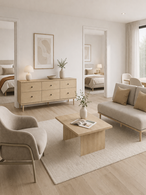 Modern living room with neutral tones featuring a sofa, coffee table, and dresser.